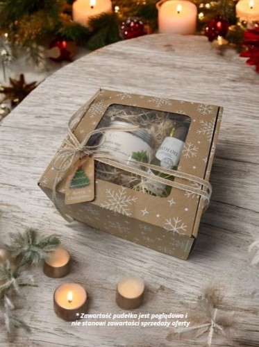 Pudełko prezentowe Eko szary papier z recyklingu z nadrukiem w śnieżynki z oknem 20x20x10 cm_Zapakuj na prezent.jpg