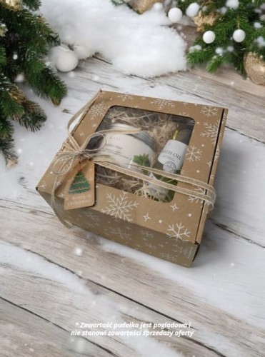 Pudełko prezentowe Eko szary papier z recyklingu z nadrukiem w śnieżynki z oknem 20x20x10 cm_Zapakuj na prezent_1.jpg